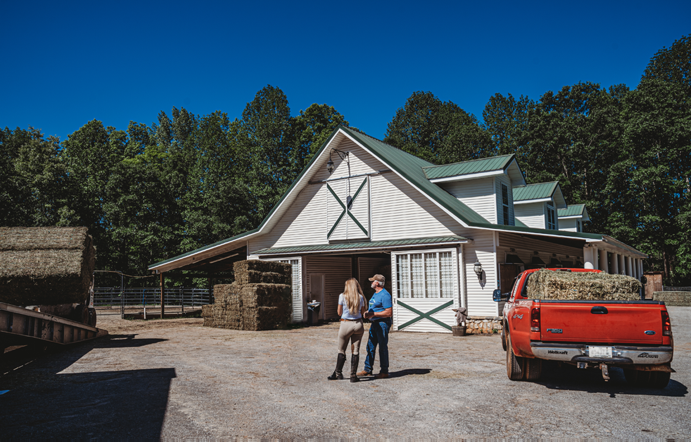 <img src="barn.jpg" alt="Two people outside of barn" />