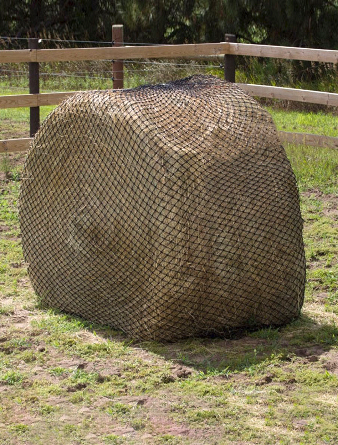 4' large round hay bale secured in a Hay Chix slow-feed hay net, designed to reduce hay waste, regulate consumption, and support natural grazing in a pasture.