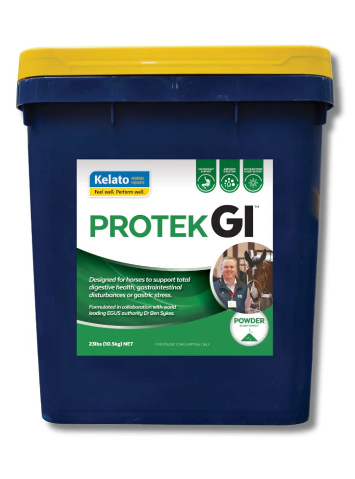 Kelato Protek GI 23 lb tub, formulated to support total equine digestive wellness and manage gastric stress.