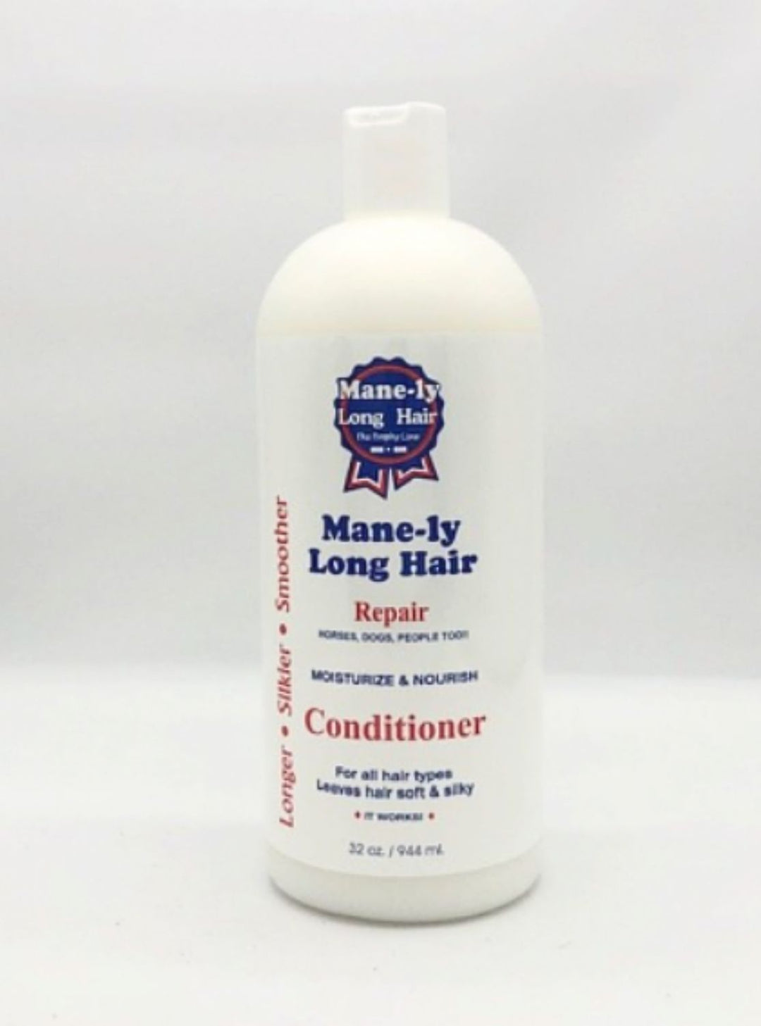 Mane-ly Long Hair Conditioner for horses, dogs, and people—hydrating and repairing treatment for dry, tangled hair and flakey skin with soft, shiny results.