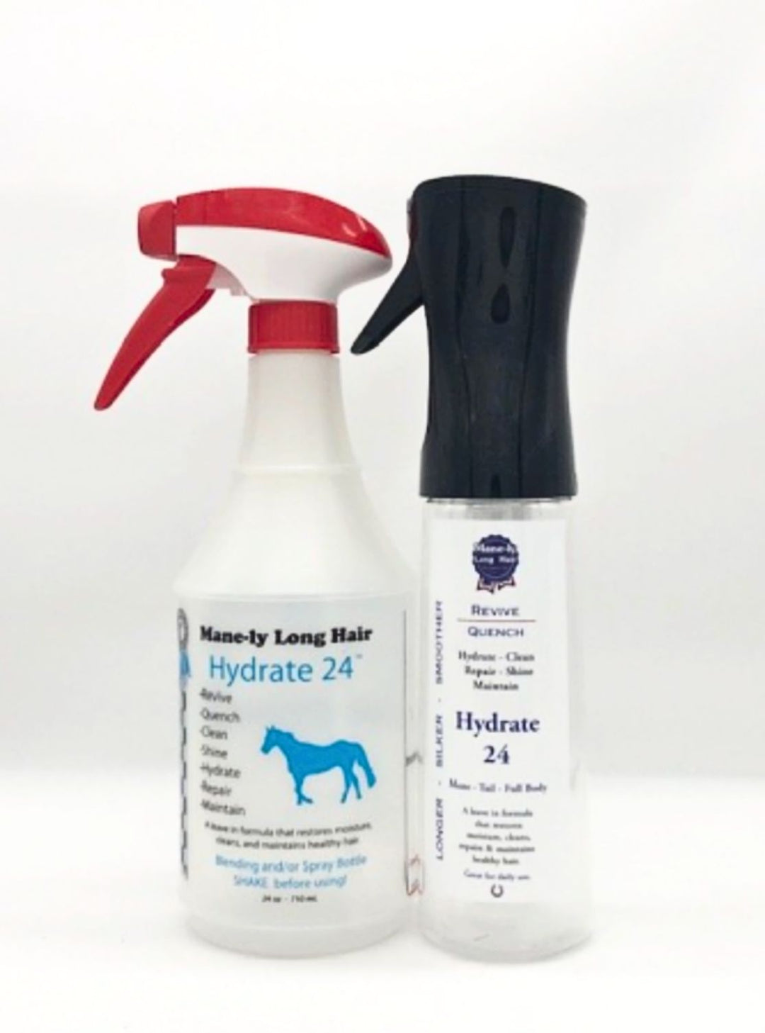 Hydrate 24 spray and mix bottle set for formulating and applying Mane-ly Long Hair grooming treatments.