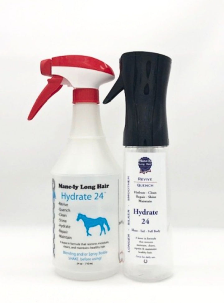 Hydrate 24 spray and mix bottle set for formulating and applying Mane-ly Long Hair grooming treatments.