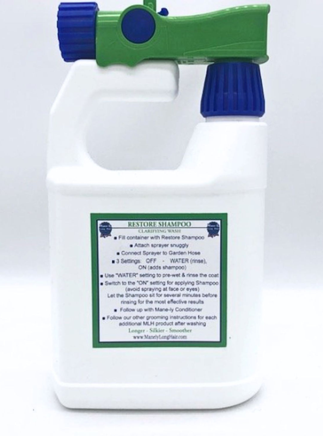 Mane-ly Long Hair Restore Shampoo Sprayer with green hose attachment for easy horse and livestock bathing.