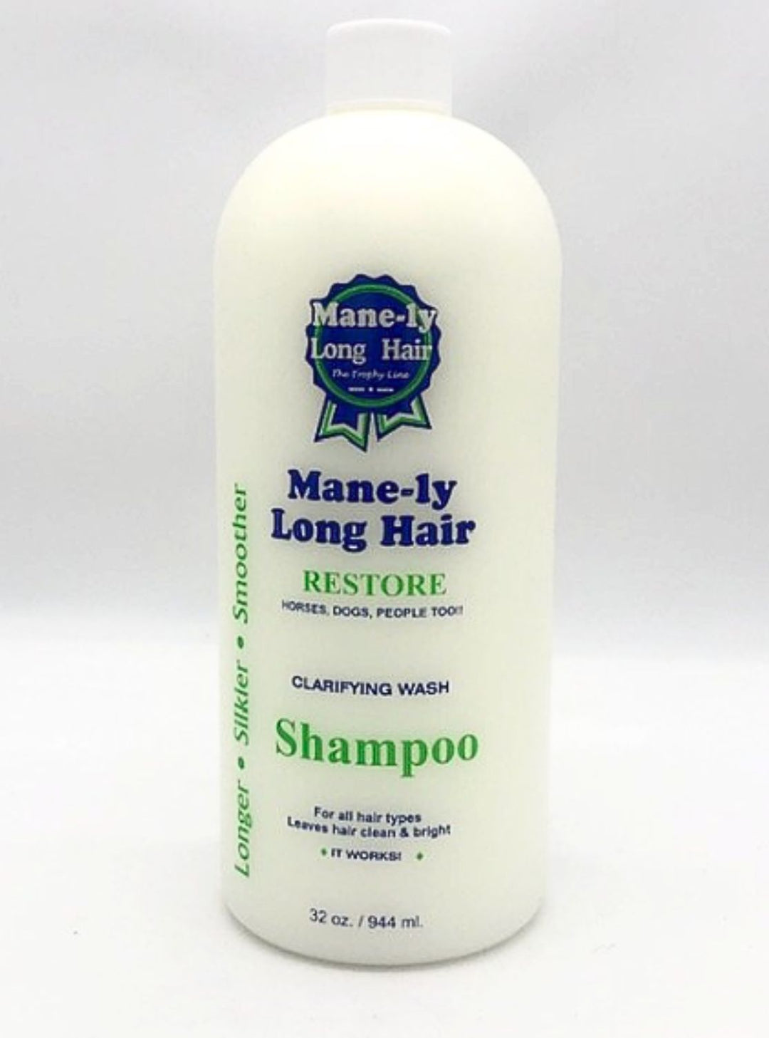 Mane-ly Long Hair Clarifying Shampoo for horses, dogs, and people—gently cleanses, restores shine, and lifts stains without bluing or bleaching.