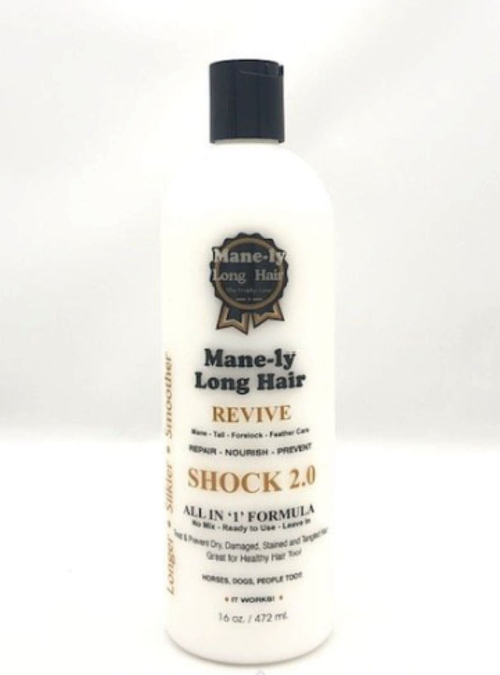 Mane-ly Long Hair Shock 2.0 leave-in treatment for horses, dogs, and people—repairs dry, tangled, stained hair while restoring shine and softness.